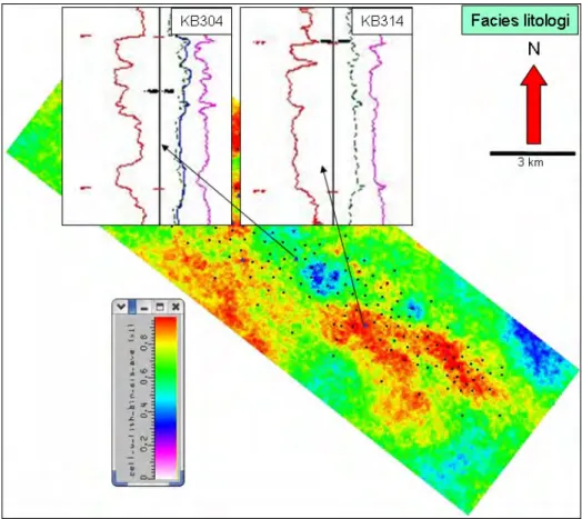 Gambar IV.2  Validasi peta fasies litologi menggunakan data log hasil pemboran  sumur baru pada dua lokasi yang berbeda