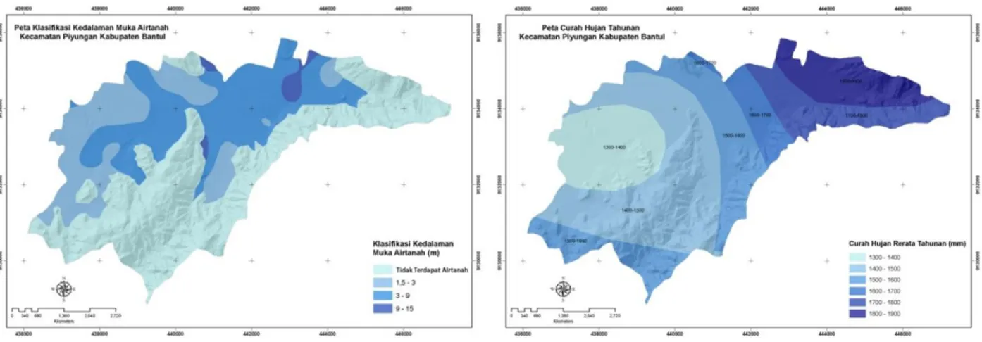Gambar 2. (kiri) Peta Kedalaman  Airtanah Kecamatan Piyungan  