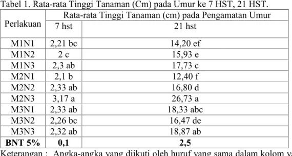 Tabel  1,  dilihat  bahwa pengamatan  parameter  tinggi tanaman  menunjukkan  interaksi perlakuan  naungan  warna  hitam  dan media  tanah  :  pasir  :  bokashi perbandingan  (5:1:4),  menunjukkan Hasil  pertumbuhan  tinggi  tanaman yang baik terdapat pada