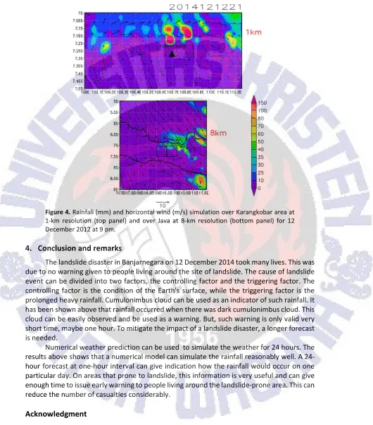 Figure 4.  Rainfall (mm) and horizontal wind (m/s) simulation over Karangkobar area at 