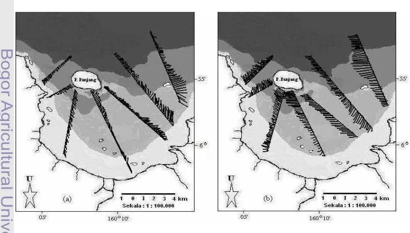 Gambar 2 Arah arus pada musim barat (a) dan timur (b) di Teluk Banten(Ongkosongo dan Wijonarko 2004).