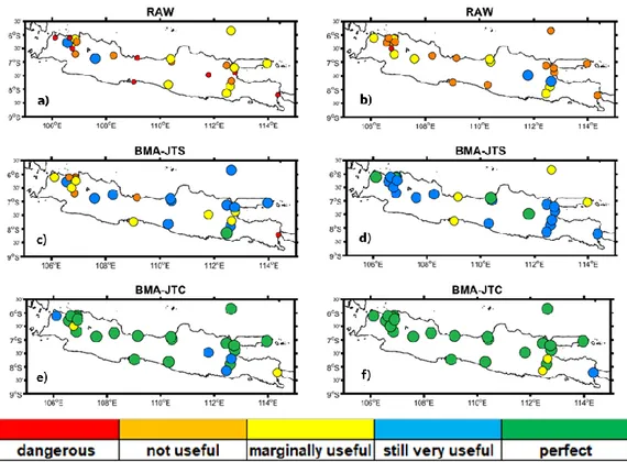 Gambar 6.  Perbandingan kategori  Reliability Diagam : RAW model ECS4 (a, b), hasil kalibrasi BMA-JTS (c, d) dan BMA-JTC (e, f)  untuk prediksi probabilistik kejadian BN (kolom kiri) dan AN (kolom kanan) 