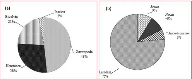 Gambar 2. (a) Komposisi   genus makrozoobentos   berdasarkan   kelas, (b) komposisi   spesies  Makrozoobentos  berdasarkan  genus  di  kawasan Rawa Gambut Tripa 