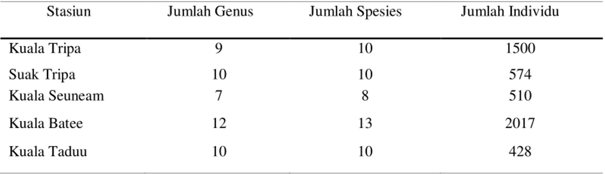 Tabel 3.   Komposisi   makrozoobentos   berdasarkan   stasiun   penelitian   di   Rawa  Gambut Tripa 