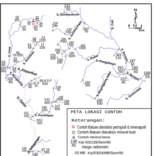 Gambar 6. Peta Geokimia dan Distribusi Pengukuran Radioaktivitas Daerah Semelangan  dan Sekitarnya, Ketapang, Kalimantan Barat.