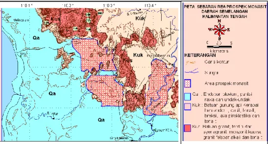 Gambar 6. Peta Distribusi Area Prospek pada Sedimen Plaser Aluvial  Daerah Semelangan dan Sekitarnya, Kalimantan Barat 