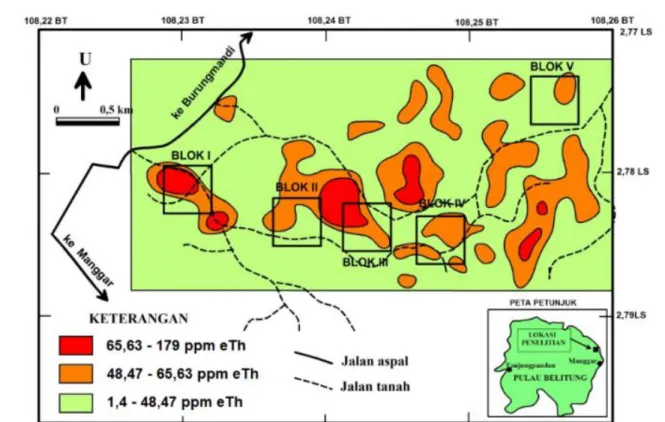 Gambar 10. Peta sebaran kadar thorium daerah Batubesi Kecamatan Damar, Kabupaten Belitung Timur.