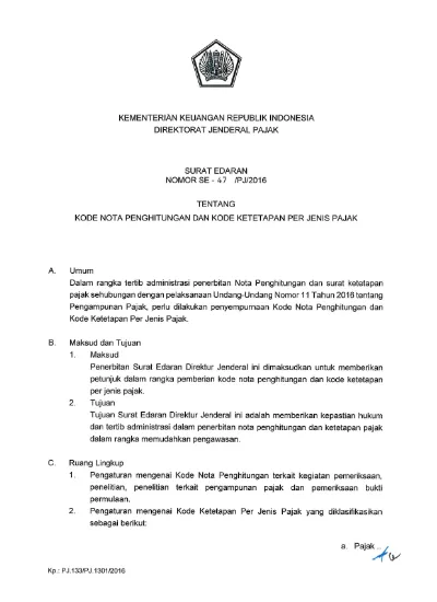 SURAT EDARAN DIREKTUR JENDERAL PAJAK NOMOR SE-47 PJ 2016