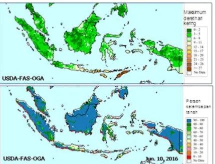 Gambar 4.  Peta maksimum deret hari kering dalam 30 hari terakhir sampai  tanggal 10 Juni 2016 (atas) dan peta kelembapan tanah periode  1-10 Juni 2016 (bawah) 