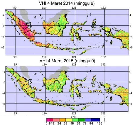 Gambar 6.   Perbandingan kondisi kesehatan vegetasi wilayah Indonesia  menggunakan VHI tanggal 9 Maret  2014 (minggu 9)  dibandingkan dengan tahun sebelumnya  