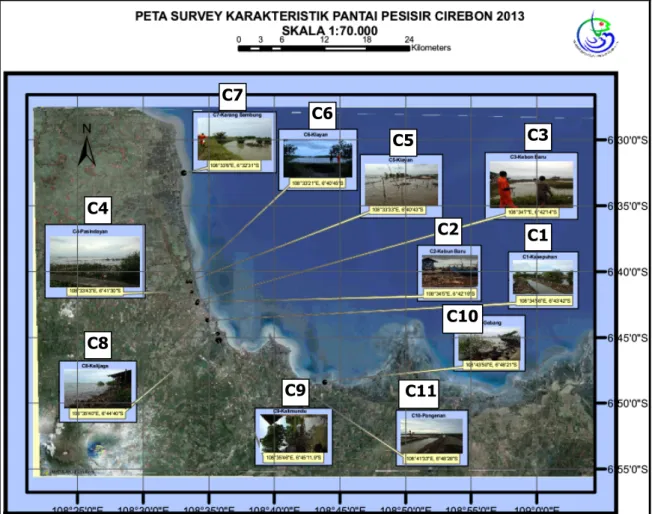 Gambar  4. Peta Karakteristik Pantai Pesisir Cirebon Hasil Survei Lapangan Tahun 2013  (Sumber: dimodifikasi dari Google_earth 2009) 