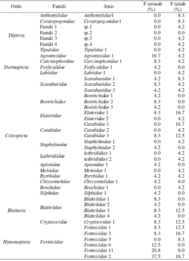 Tabel 10  Frekuensi insekta tanah pada tanah maupun serasah 
