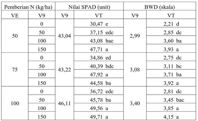 Gambar 2. Hubungan liner antara skala Bagan Warna Daun (BWD) dengan klorofil    jagung-SPAD pada varietas Bisma