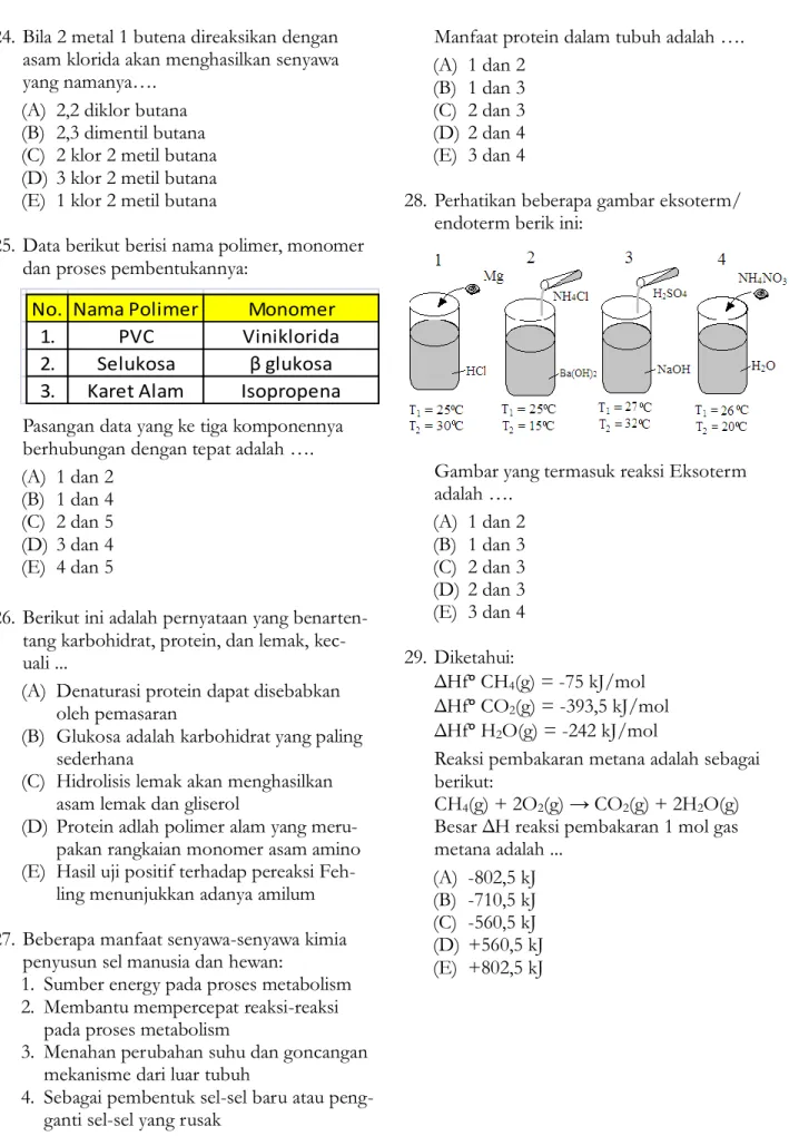 Gambar yang termasuk reaksi Eksoterm  adalah ….  (A)  1 dan 2  (B)  1 dan 3  (C)  2 dan 3  (D)  2 dan 3  (E)  3 dan 4  29