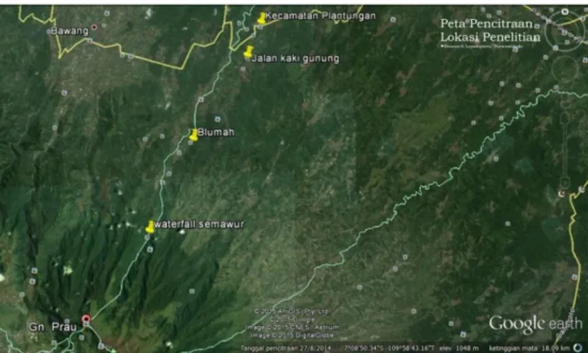 Gambar 3.2 Lokasi Stasiun 1, 2, dan 3 Melalui Pencitraan Google Earth  dengan Koordinat 7˚08′50.34″S 109˚58′43.16″T 5