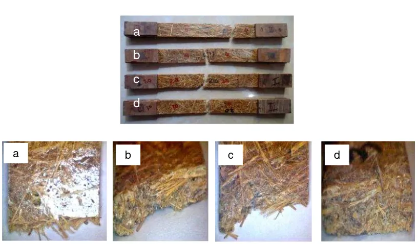 Gambar 2. Foto kegagalan spesimen uji tarik komposit serat bambu polyester untuk fraksivolume sekam padi (a) 0%, (b) 10%, (c) 20% and (30%)