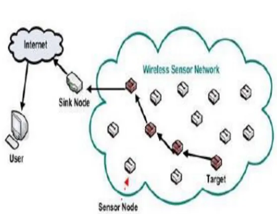 Gambar 1 Prinsip dasar WSN [4]  Pada  Gambar  1,  dapat  dilihat  bahwa node sensor  disebar  dalam  suatu  area lingkungan