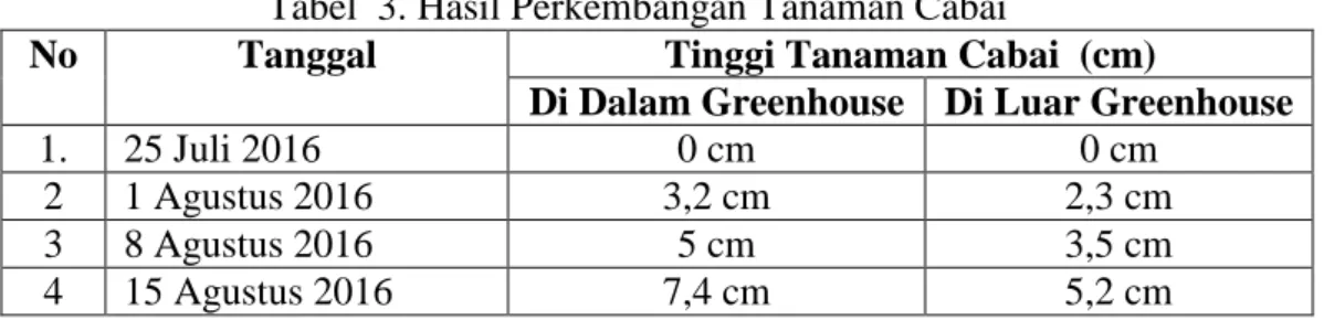 Tabel  3. Hasil Perkembangan Tanaman Cabai 