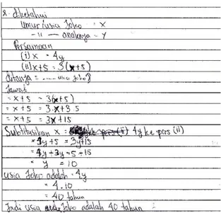 Gambar  4  menunjukkan  bahwa  siswa  melakukan  kesalahan  dalam  menuliskan  proses  perhitungan  penjumlahan  bentuk  aljabar,  namun  hasil  yang  didapat  tepat  dan  benar