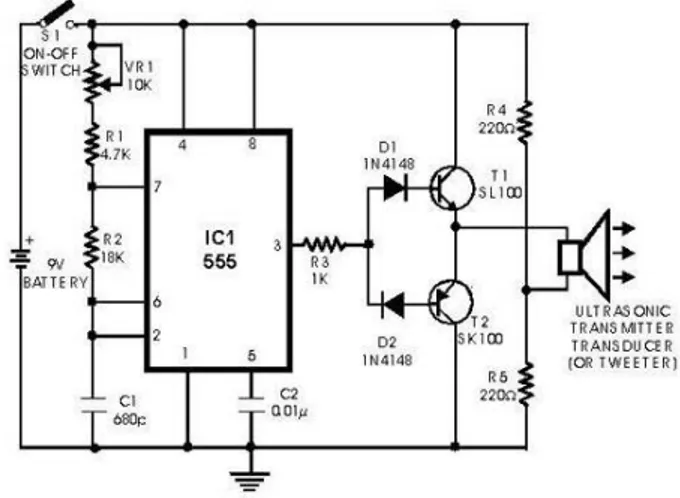 Gambar 3. Rangkaian dasar dari transmitter ultrasonik  (https://www.elangsakti.com/2015/05/sensor-ultrasonik.html) 