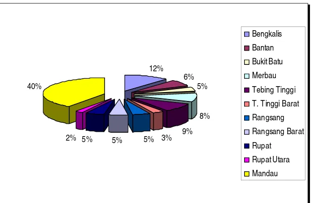 Gambar 11.  Persentase distribusi penduduk Kabupaten Bengkalis berdasarkan kecamatan pada tahun 2003 