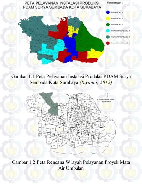 Gambar 1.1 Peta Pelayanan Instalasi Produksi PDAM Surya  Sembada Kota Surabaya (Riyanto, 2012) 