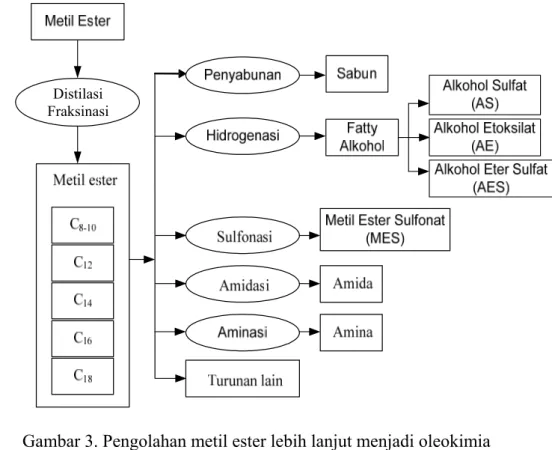 Gambar 3. Pengolahan metil ester lebih lanjut menjadi oleokimia  (Darnoko et al., 2001; Matheson, 1996) 
