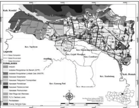 Gambar 7 Peta analisis kesesuaian RTRW dengan penanganan banjir rob di wilayah pesisir Kota Semarang  Sumber: Maulana dan Buchori, 2016 