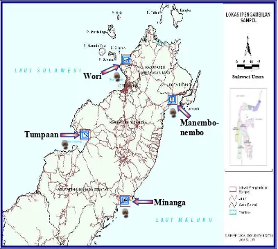 Gambar 4  Peta  lokasi penelitian (Sumber : JICA, 2000.  Data Digital JICA untuk Daerah Sulawesi Utara) 