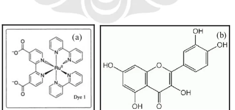 Gambar 2.5 Bahan pewarna (a) anorganik, dari senyawa kompleks Rutenium (Ru) [8],  dan (b) organik, dari senyawa Quercetin pada bawang [9]