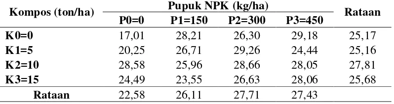 Tabel 5. Rataan bobot segar umbi per tanaman terhadap pemberian pupuk NPK  dan kompos kulit buah kopi
