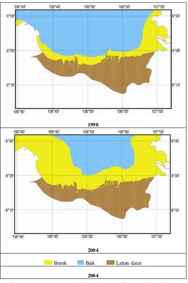Gambar 17 Luasan perairan untuk setiap kategori kesesuaian bagi kegiatan perikanan tangkap berdasarkan kandungan Amonia (NH3) di Teluk Jakarta pada tahun 1998 dan 2004