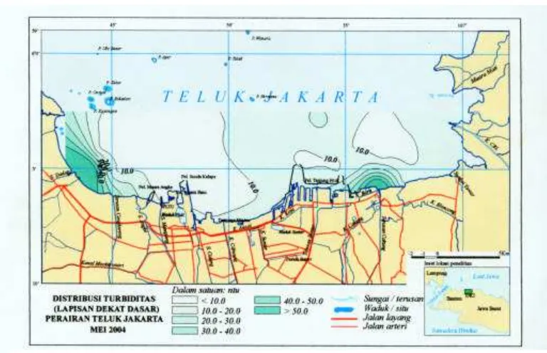 Gambar  14  Distribusi turbitas lapisan dekat dasar perairan Teluk Jakarta, Mei  