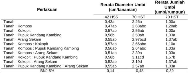 Tabel  2.  Pengaruh  Komposisi  Media  Pesemaian  terhadap  Diameter  Umbi  dan  Jumlah  Umbi 