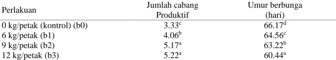 Tabel 2. Jumlah cabang produktif dan umur berbunga tanaman cabe merah keriting yang diberi pupuk organik limbah biogas kotoran sapi berbeda dosis.