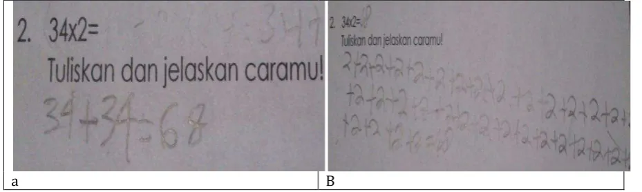 Figure �. The students’ worksheet to solve the second problem  (a) with commute the factors and (b) without commute the factors 