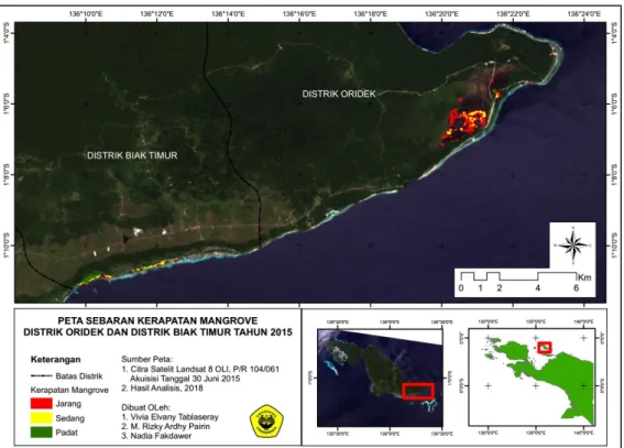 Gambar 2.   Peta  sebaran  dan  kerapatan  mangrove  di  Distrik  Biak  Timur  dan  Distrik Oridek, pesisir timur Pulau Biak, Papua