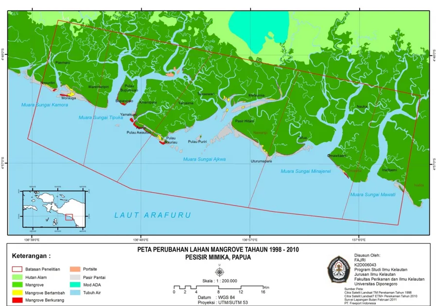 Gambar 1. Peta Perubahan Lahan Mangrove Tahun 1998 ± 2010 di Pesisir Mimika, Papua 