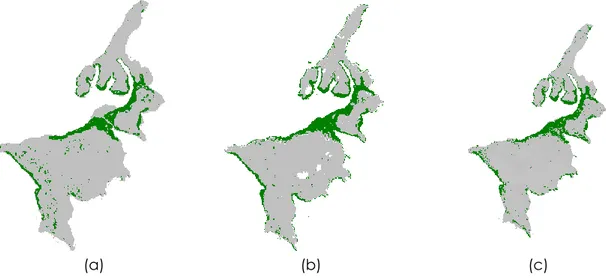Gambar 3.  Distribusi spasial ekosistem mangrove menggunakan citra Landsat 5,7,8 dari tahun 1992  -2017, a) 1992, b) 2003, c) 2017