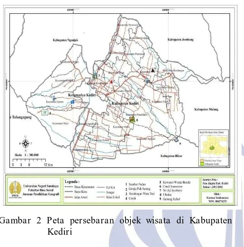 Gambar 2 Peta persebaran objek wisata di Kabupaten Kediri  