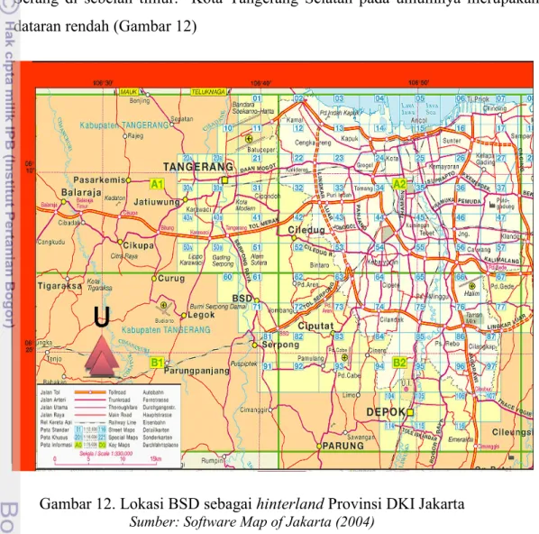 Gambar 12. Lokasi BSD sebagai hinterland Provinsi DKI Jakarta Sumber: Software Map of Jakarta (2004)