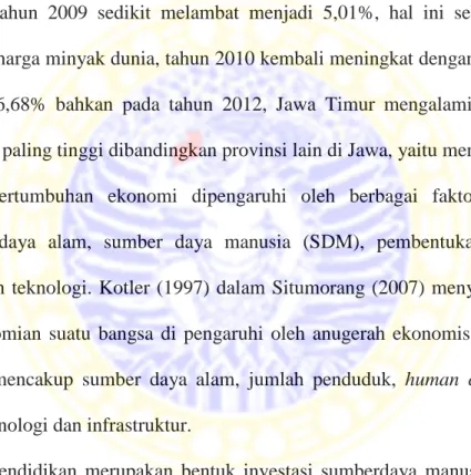 Gambar 1.2 di halaman 4 dapat diketahui bahwa pertumbuhan ekonomi Jawa Timur selama lima tahun terakhir menunjukan perkembangan yang signifikan fluktuatif