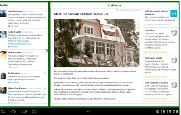 Figure 3.2: Screenshot of the user interface as shown on the tablet device when both tweets and articles are displayed