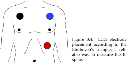 Figure 3.4: ECG electrode placement according to the Einthoven’s triangle, a  reli-able way to measure the  R-spike.