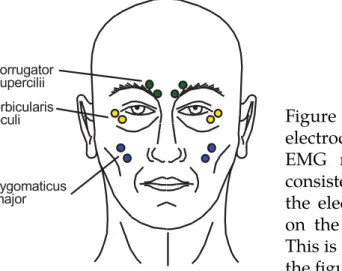 Figure 3.6: Locations for electrode placement for facial EMG measurements. For consistency, on all subjects the electrodes were fastened on the left side of the face
