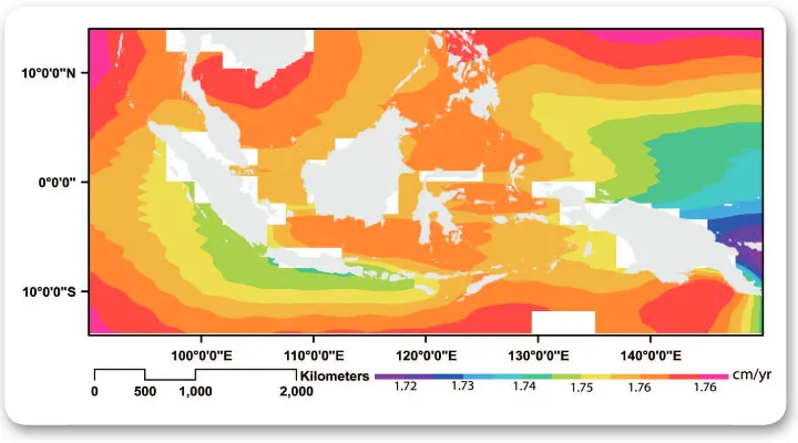 Figure 4. 15 Estimated rate of sea level rise in the Indonesian waters, based on model projections plus dynamic ice melting, post IPCC AR4