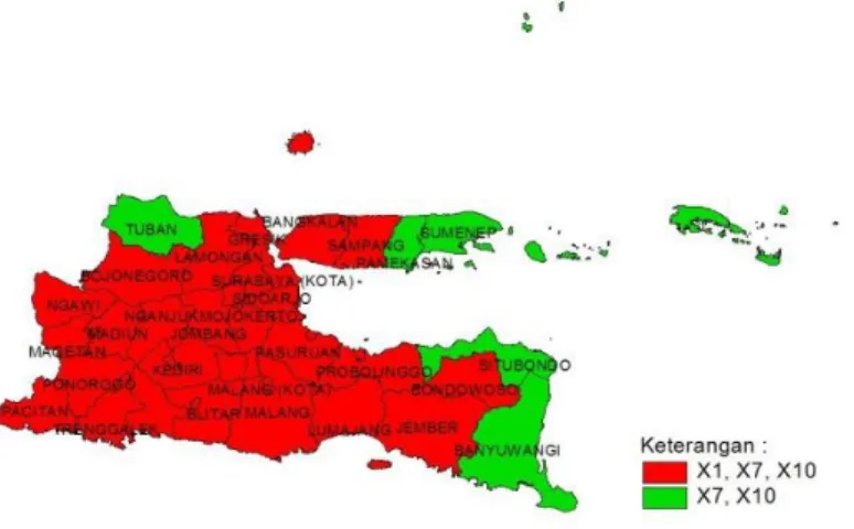 Gambar 3.   Persebaran Variabel Prediktor yang Berpengaruh dengan MGWR di kabupaten/kota di Provinsi Jawa  Timur Tahun 2014 