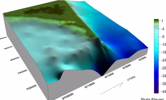 Gambar 3.  Morfologi tiga dimensi dasar laut  Perairan Tanjung Berikat dan sekitarnya