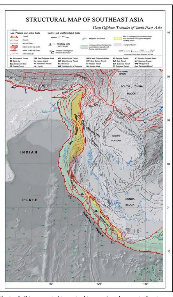 Gambar 2. Pola umum struktur regional kawasan barat lepas pantai Sumatra yang terbentuk akibat subduksi miring antara Lempeng Indo-Australia dengan Lempeng Eurasia dan Lempeng mikro Burma (Pubellier et al, 2005).
