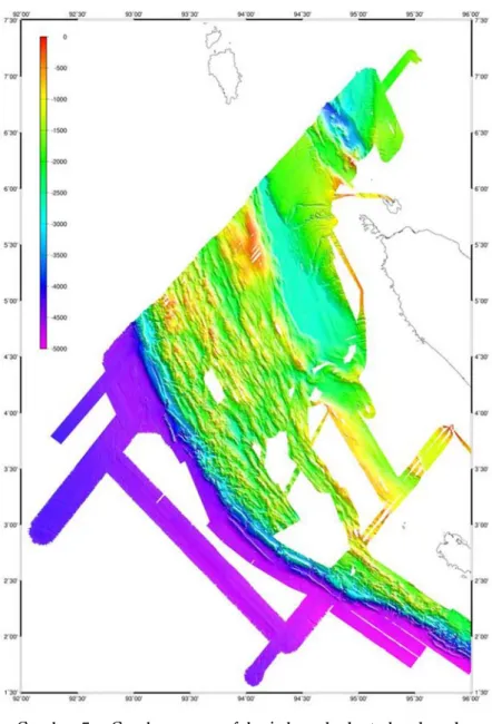 Gambar 5. Gambaran morfologi bawah laut berdasarkan Peta batimetri gabungan data hasil ekspedisi HMS Scott (2005), Aftershock (2005) dan Sumatra OBS (2006), sekala 1:3.000.000.